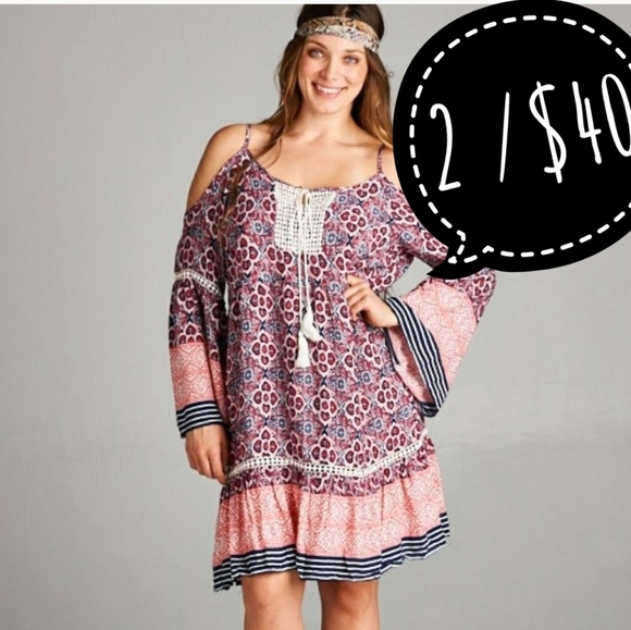 New Plus Gypsy Vigo Cold Shoulder Tunic Dress - Picture 1 of 5